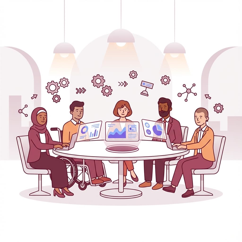 Professional team collaborating with AI